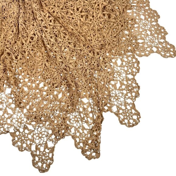 Vintage Handmade Intricate Lace Crocheted Tablecloth 60”x72” Tan Scalloped - Picture 6 of 11